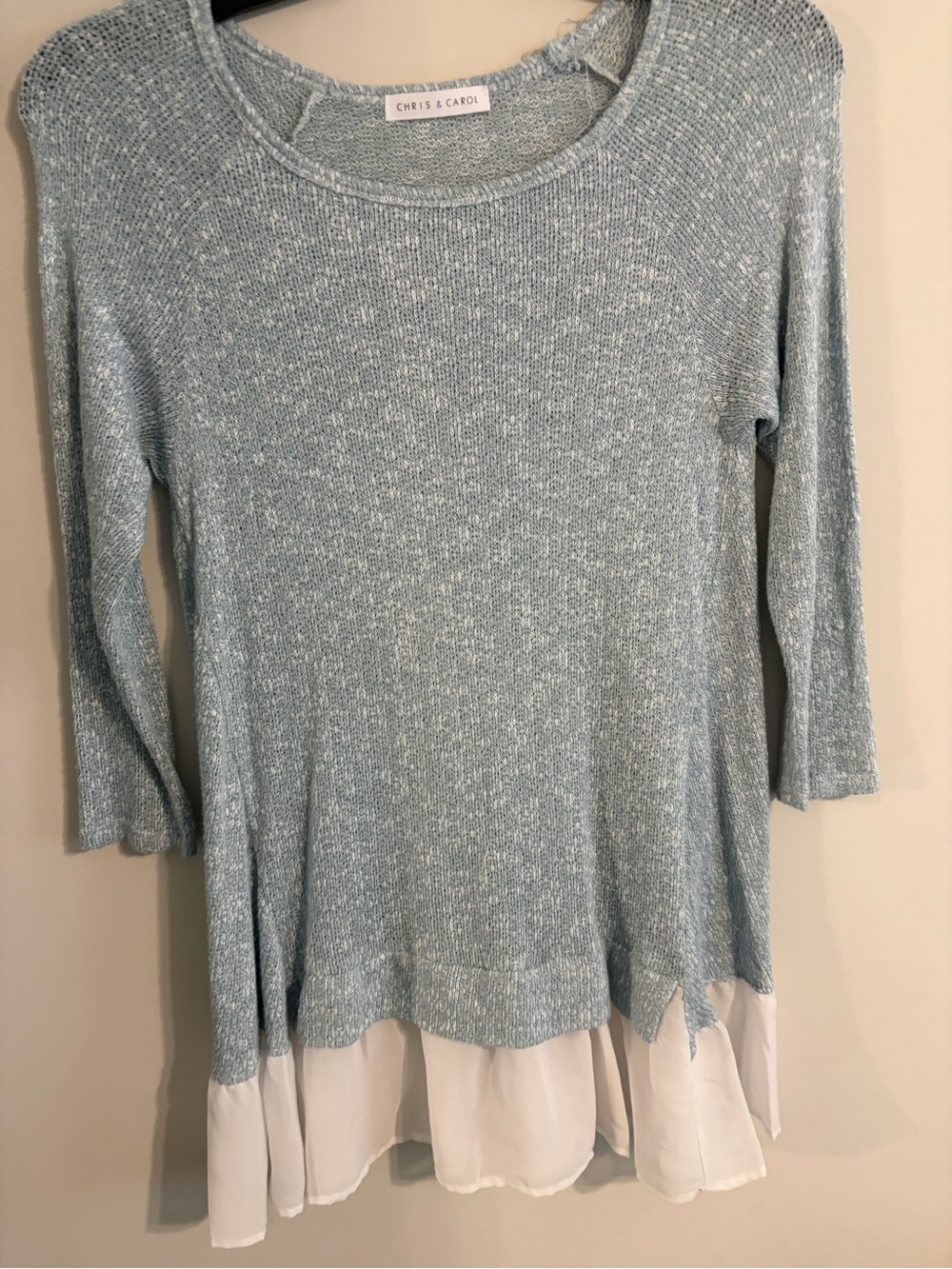 Chris & Carol Heathered Light Blue Knit Top with White Chiffon Hem